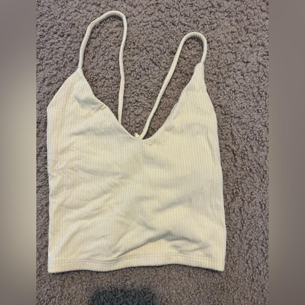 Garage Cream Ribbed V-Neck Spaghetti Strap Crop Top (open tie up back)